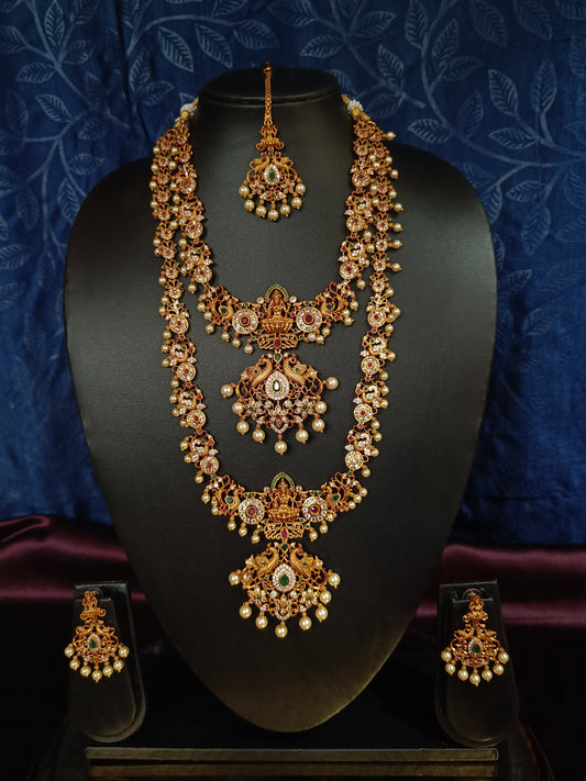 Traditional Lakshmi Antique Gold Plated Long Haram, Choker, Earrings & Maang Tikka with Pearls