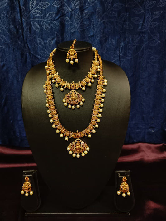 Authentic South Indian Temple Jewelry Necklace Set with Pearls
