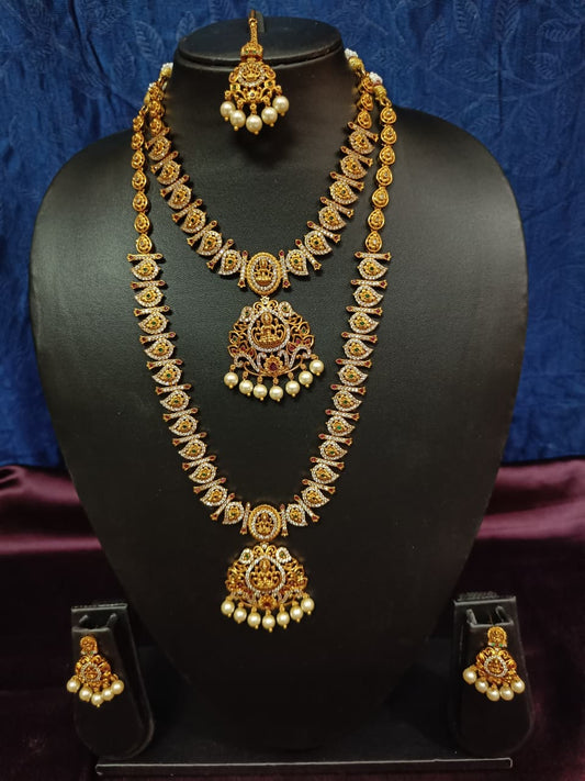 Traditional Temple Jewelry Gold Plated Necklace Set with Pearls & Earrings