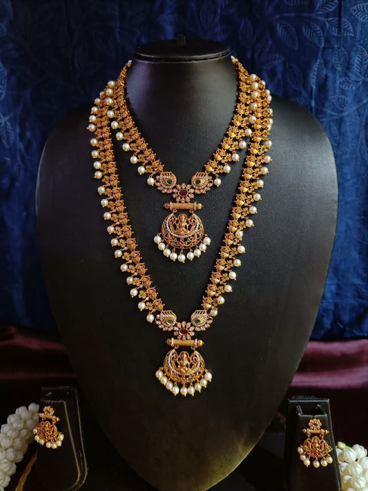 Antique Temple Jewelry Gold Plated Bridal Necklace Set with Pearls & Earrings