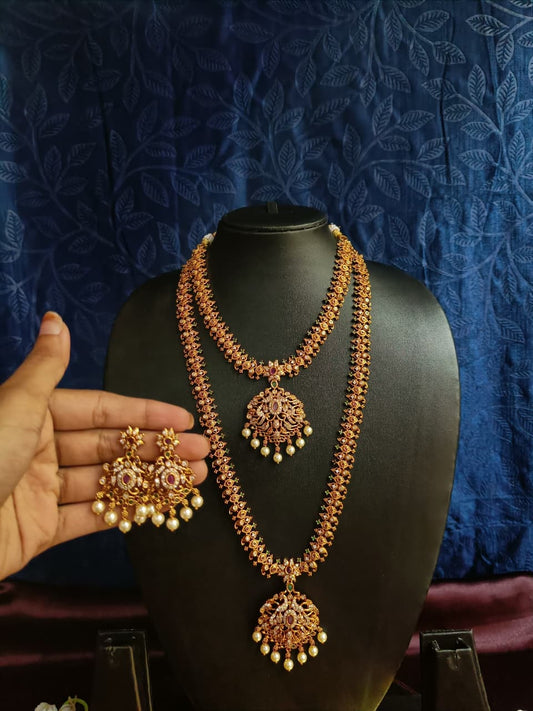 South Indian Temple Jewelry Necklace Set | Gold Plated Design with Earrings