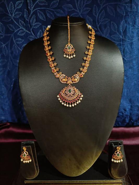 Temple Jewelry Antique Gold Plated Necklace Set with Maang Tikka & Earrings | Traditional Indian Jewelry