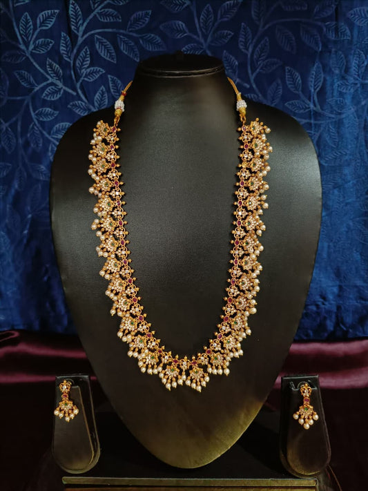 Antique Temple Jewelry Gold Plated Necklace Set with Pearls & Earrings | Traditional South Indian Jewelry