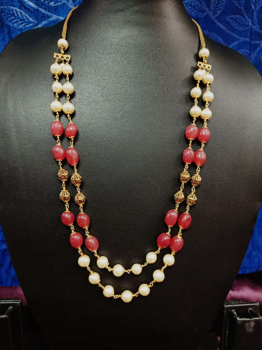 Traditional Pearl & Red Bead Mala Necklace | Antique Gold Plated Long Haram Jewelry