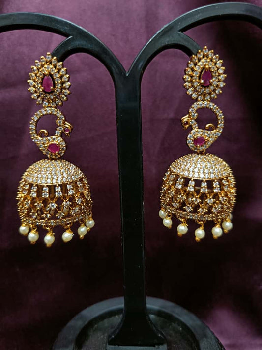 Bridal Ruby Stone Jhumka Earrings with Pearls | Gold Plated CZ Crystal Chandbali