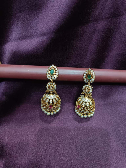 Green Stone Jhumka Earrings with CZ Crystals & Pearls | Traditional Jewelry