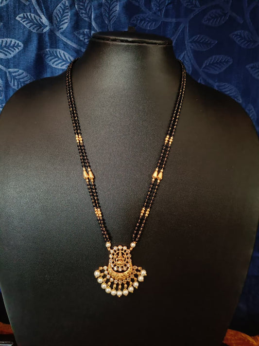 Traditional Lakshmi Pendant Mangalsutra with Pearls & Black Beads